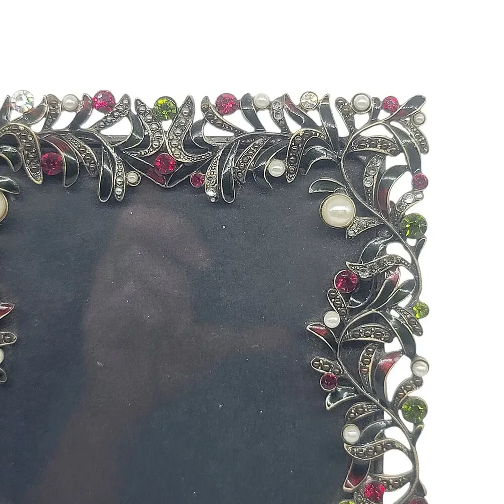 Vtg Jeweled Metal Picture Photo Frame and Glass Ornate Flowers Rhinestones M4